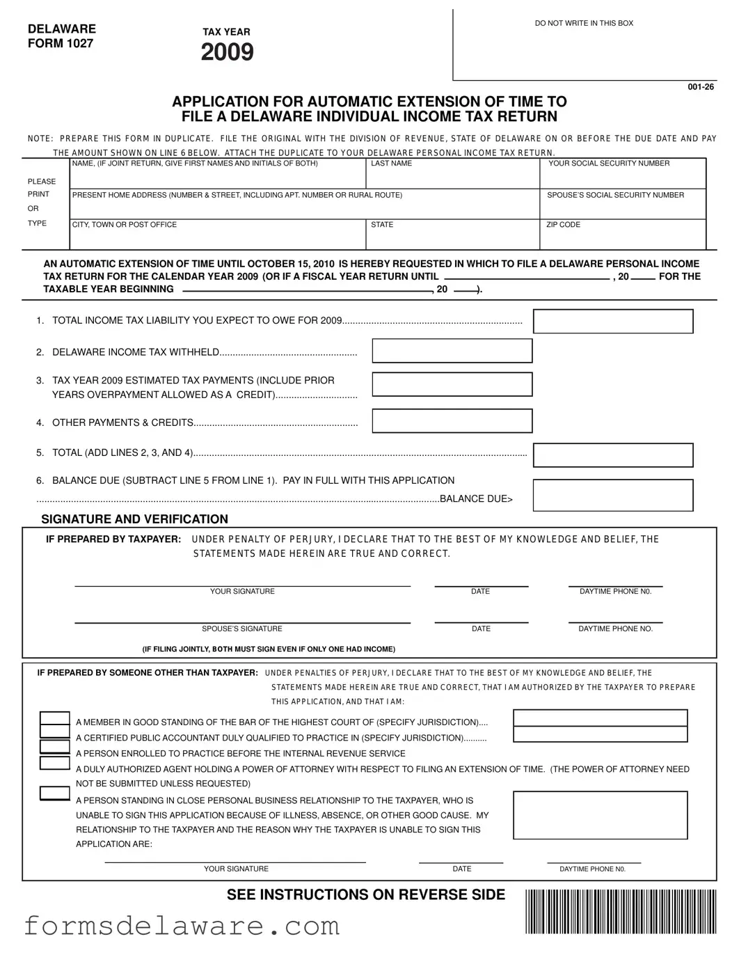 Fill a Valid Delaware 1027 Form