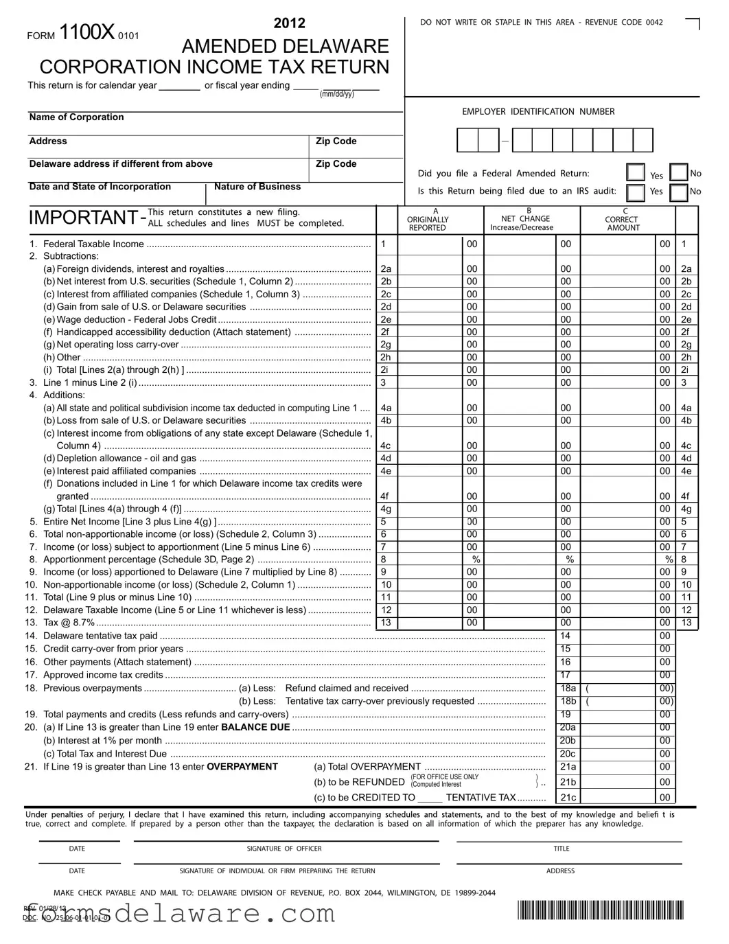 Fill a Valid Delaware 1100X Form