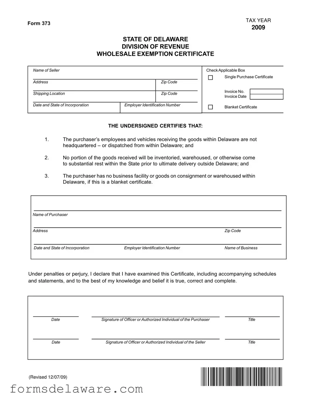 Fill a Valid Delaware 373 Form