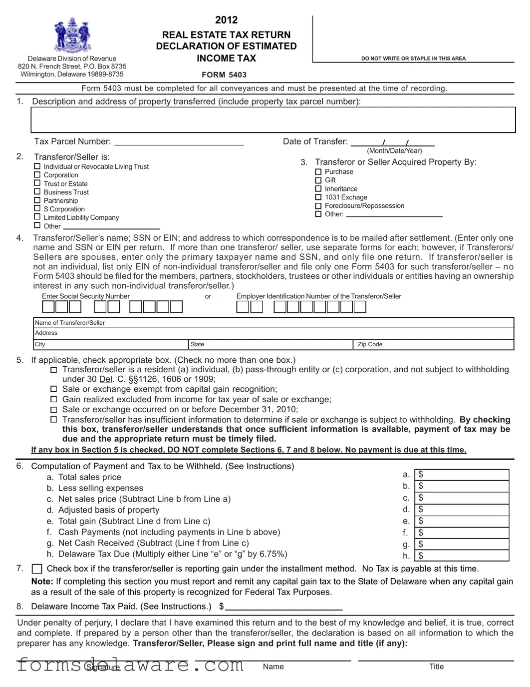 Fill a Valid Delaware 5403 Form