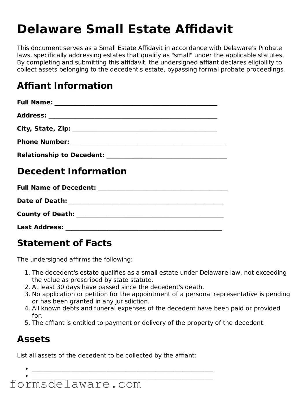 Attorney-Approved Small Estate Affidavit Form for the State of Delaware