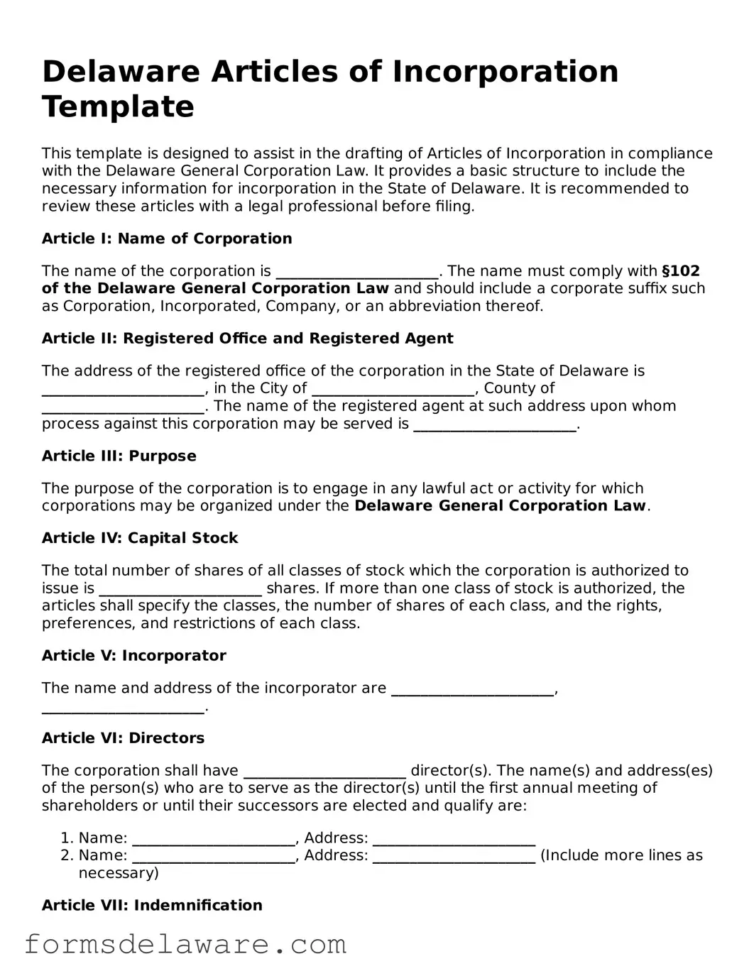 Attorney-Approved Articles of Incorporation Form for the State of Delaware
