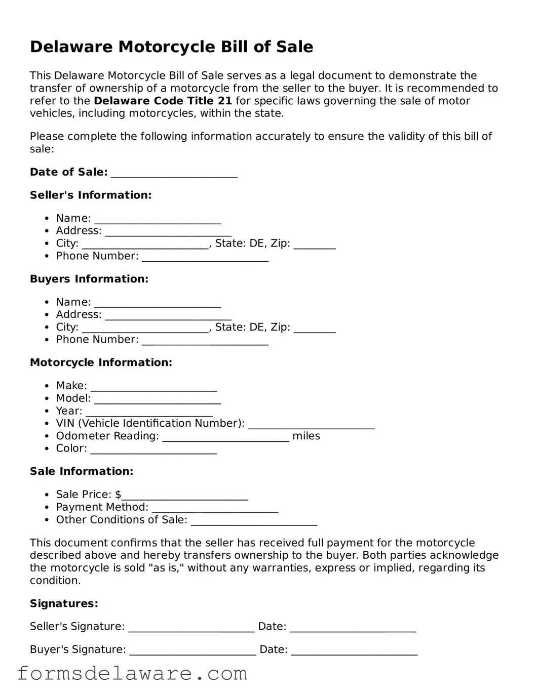 Attorney-Approved Motorcycle Bill of Sale Form for the State of Delaware