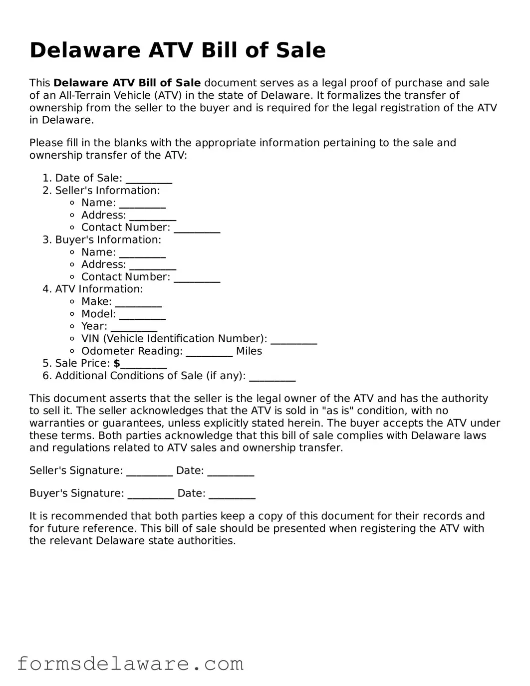 Attorney-Approved ATV Bill of Sale Form for the State of Delaware
