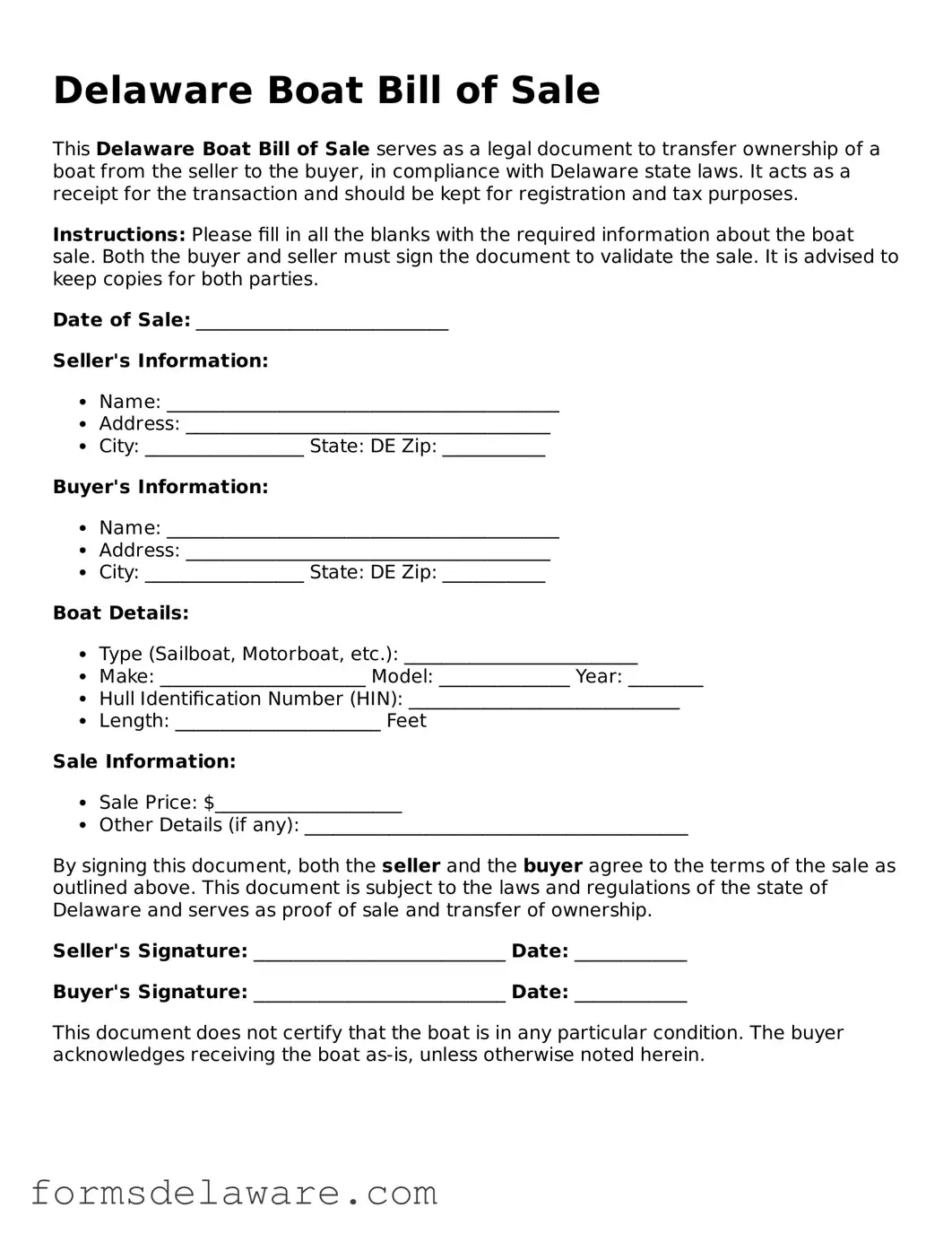 Attorney-Approved Boat Bill of Sale Form for the State of Delaware