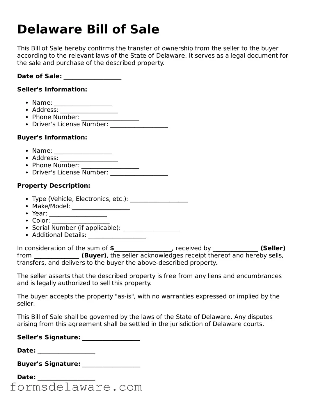 Attorney-Approved Bill of Sale Form for the State of Delaware