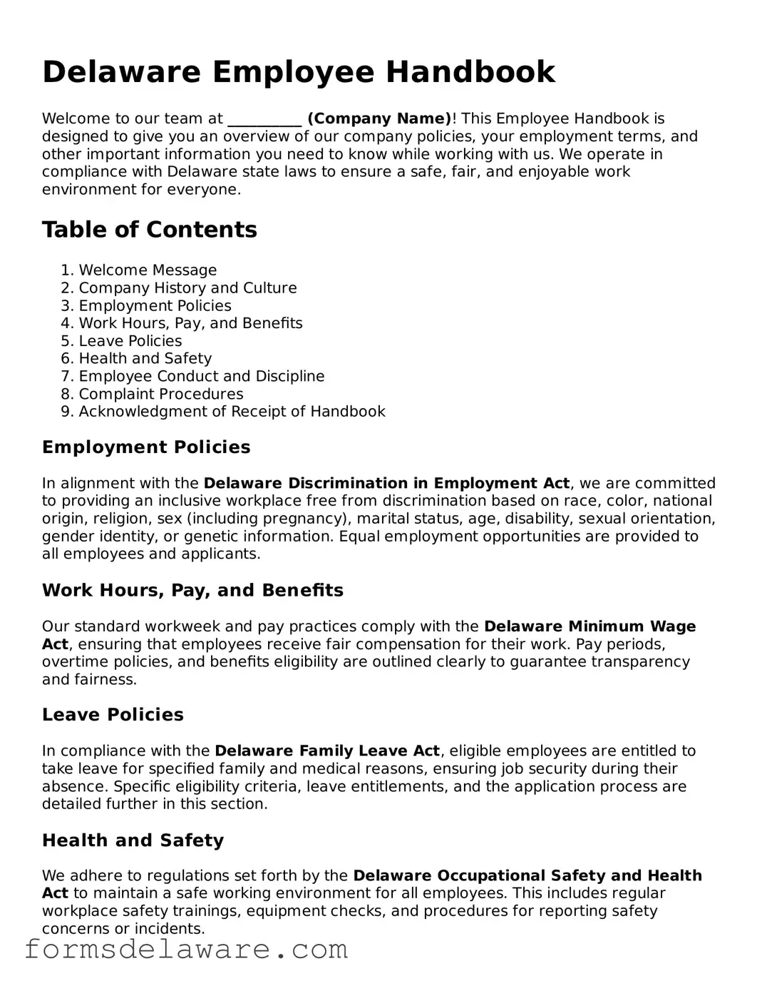 Attorney-Approved Employee Handbook Form for the State of Delaware