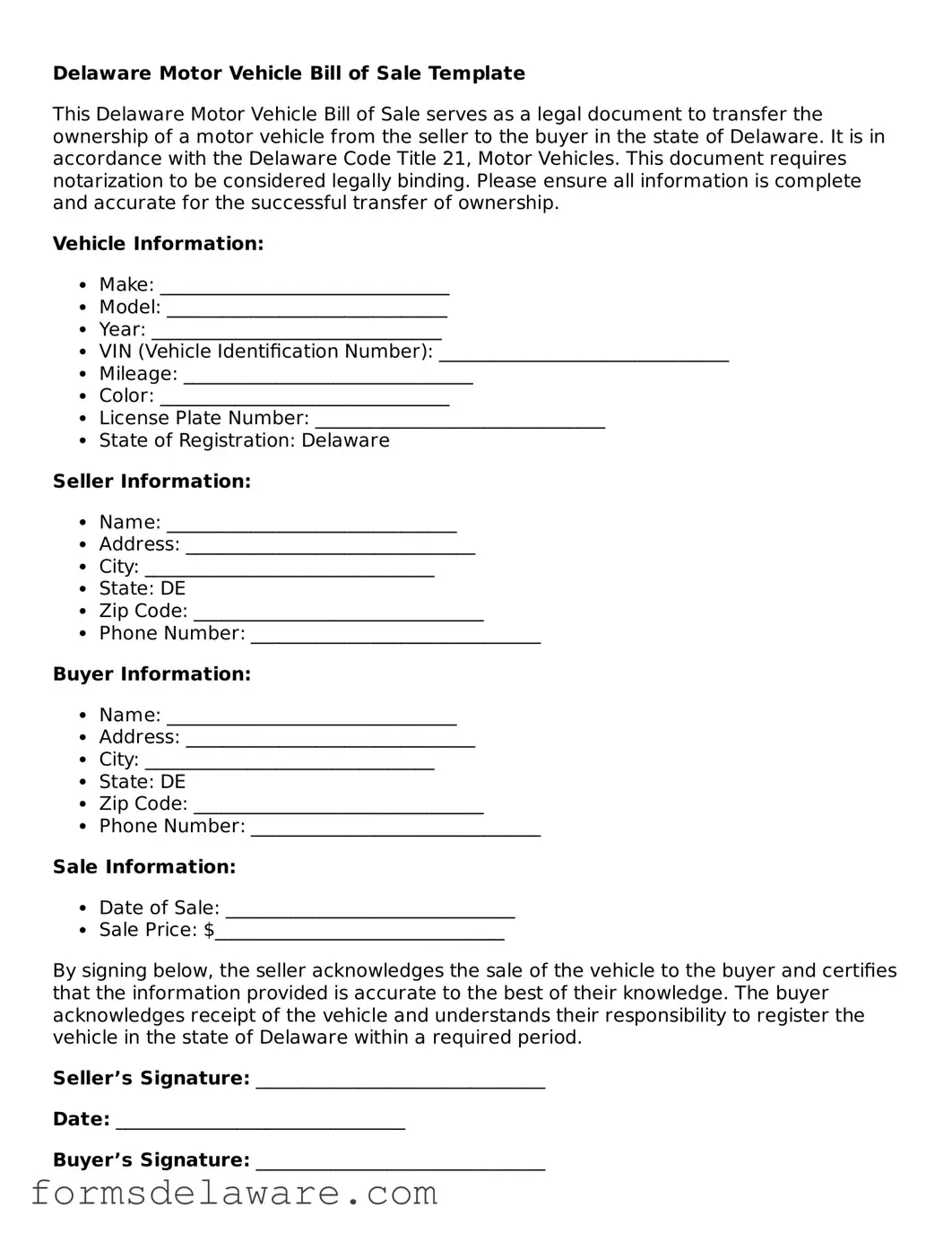 Attorney-Approved Motor Vehicle Bill of Sale Form for the State of Delaware