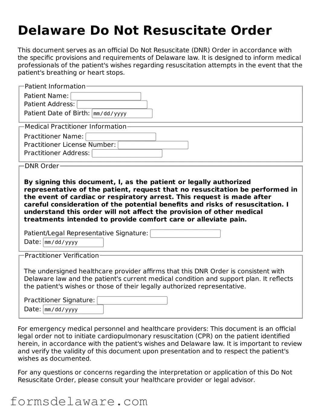 Attorney-Approved Do Not Resuscitate Order Form for the State of Delaware