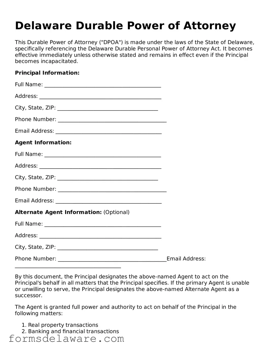 Attorney-Approved Durable Power of Attorney Form for the State of Delaware