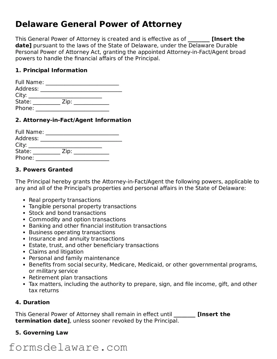 Attorney-Approved General Power of Attorney Form for the State of Delaware