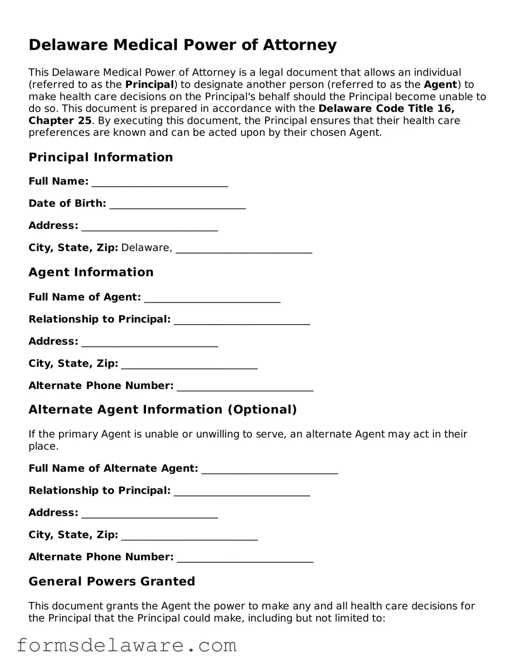Attorney-Approved Medical Power of Attorney Form for the State of Delaware