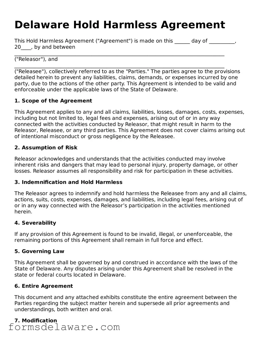 Attorney-Approved Hold Harmless Agreement Form for the State of Delaware