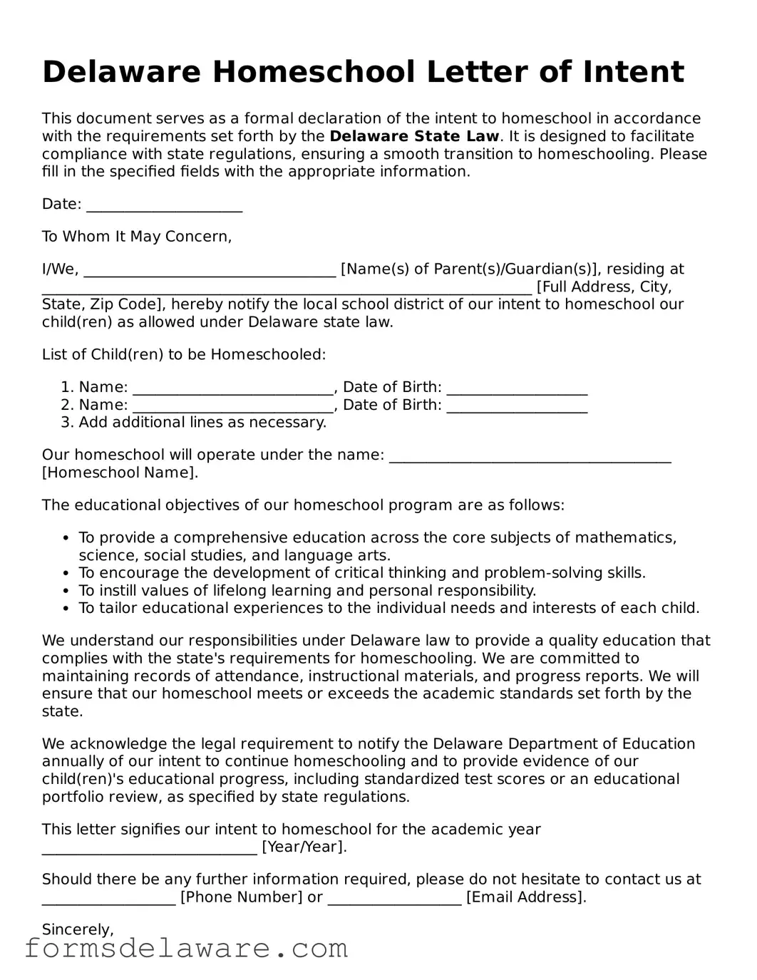 Attorney-Approved Homeschool Letter of Intent Form for the State of Delaware