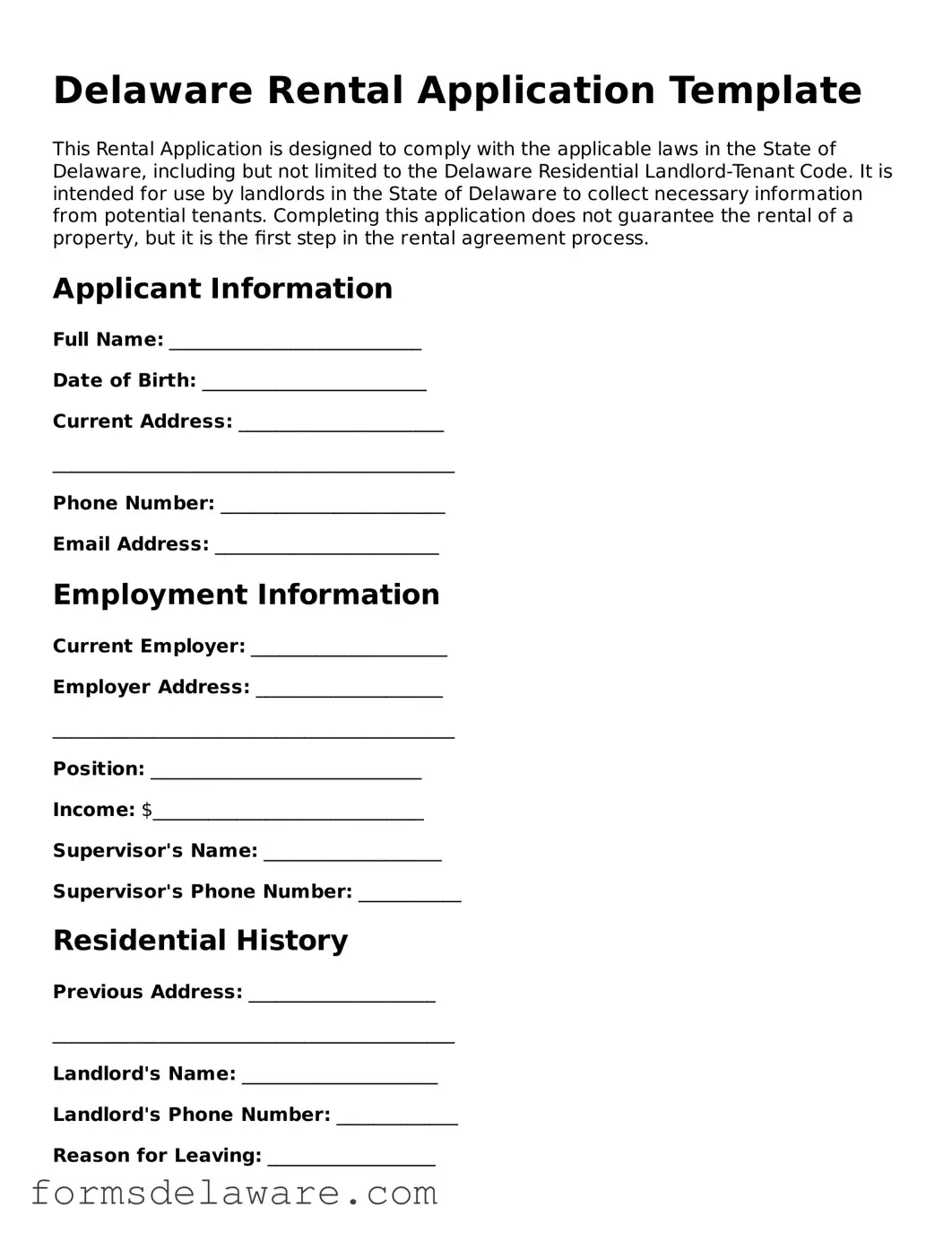 Attorney-Approved Rental Application Form for the State of Delaware