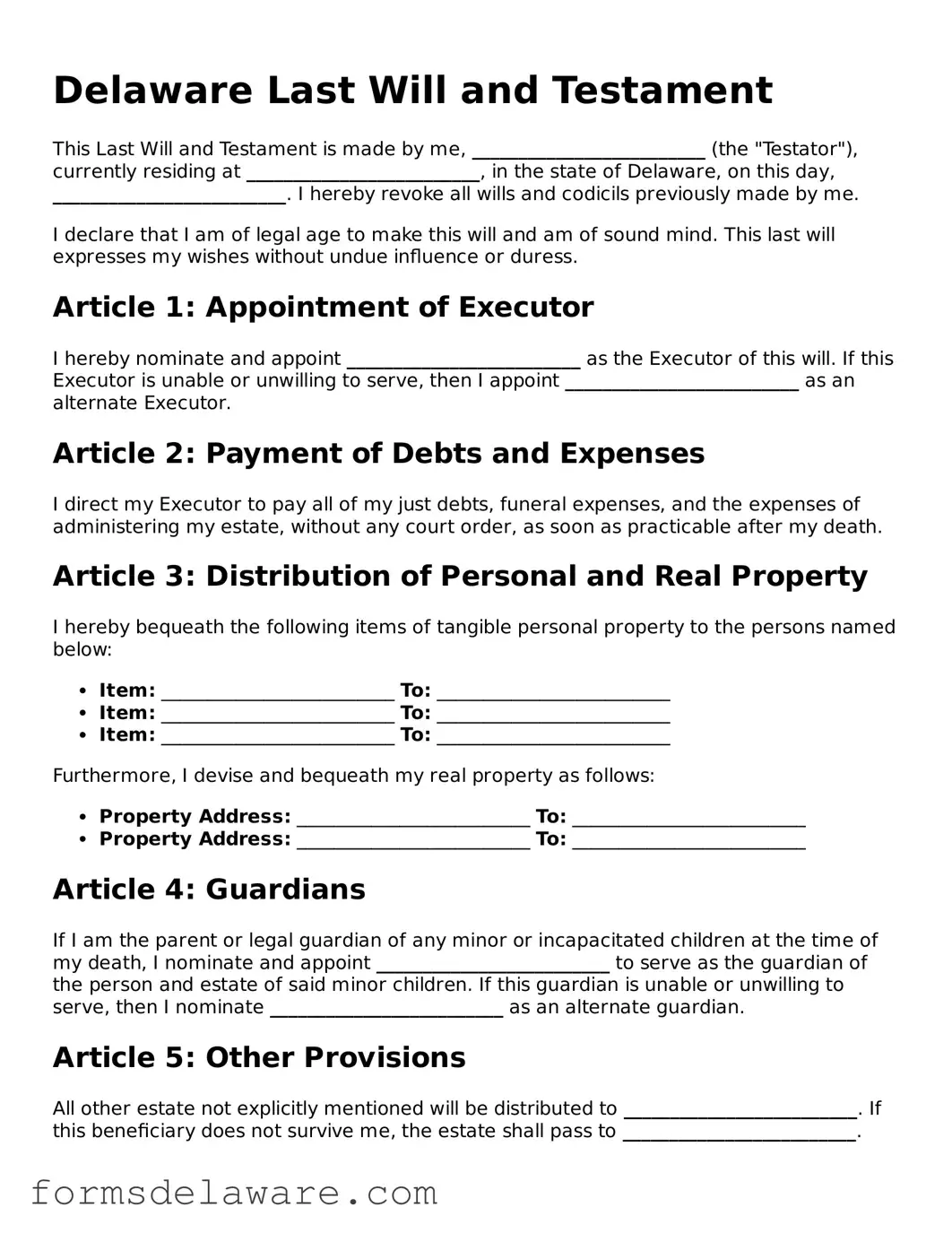 Attorney-Approved Last Will and Testament Form for the State of Delaware