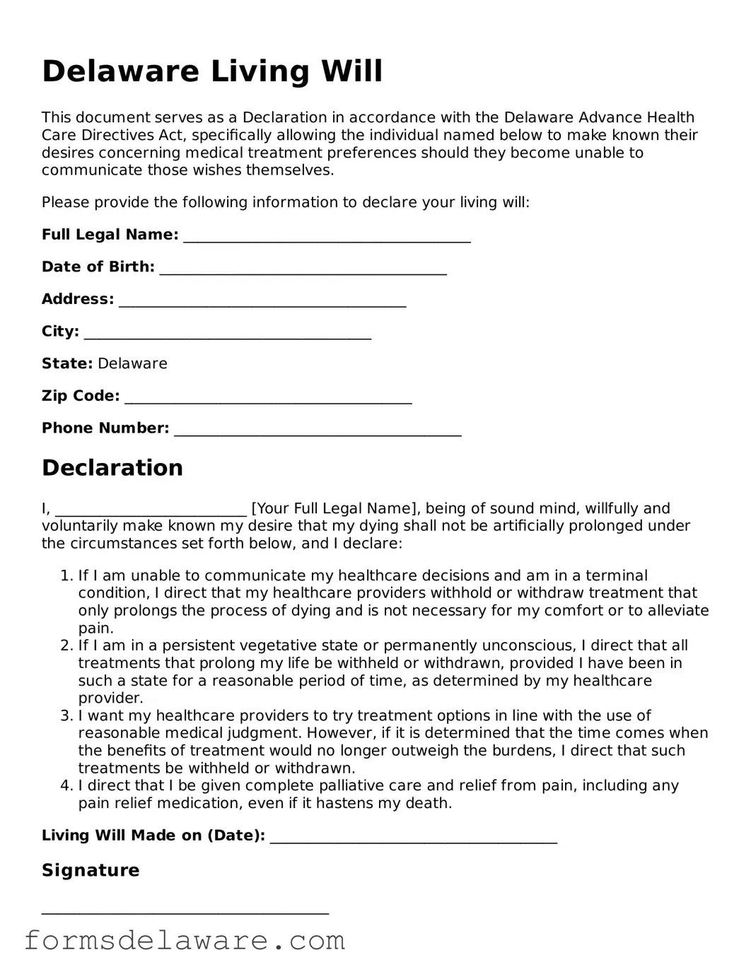Attorney-Approved Living Will Form for the State of Delaware