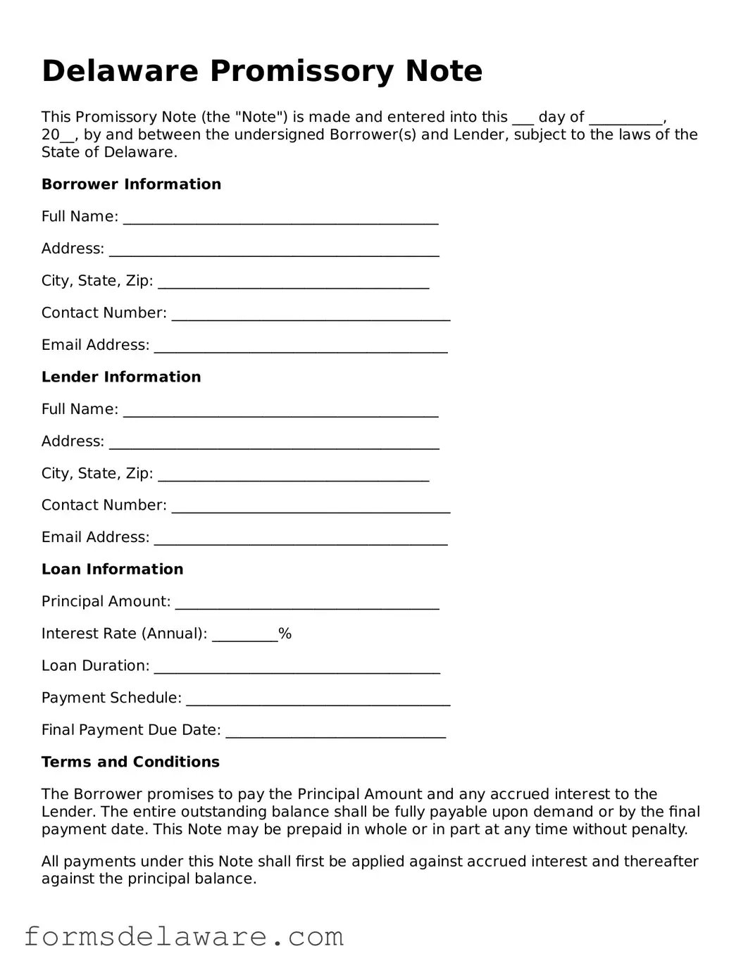 Attorney-Approved Promissory Note Form for the State of Delaware