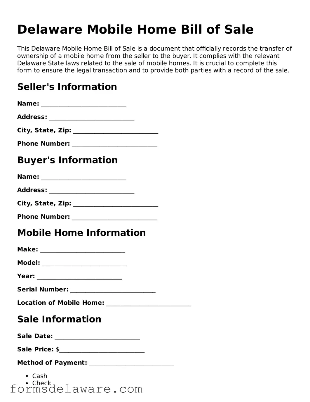 Attorney-Approved Mobile Home Bill of Sale Form for the State of Delaware