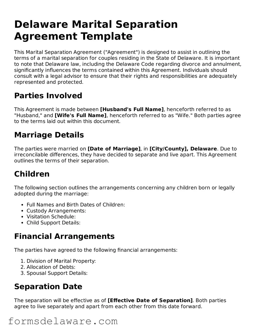 Attorney-Approved Marital Separation Agreement Form for the State of Delaware