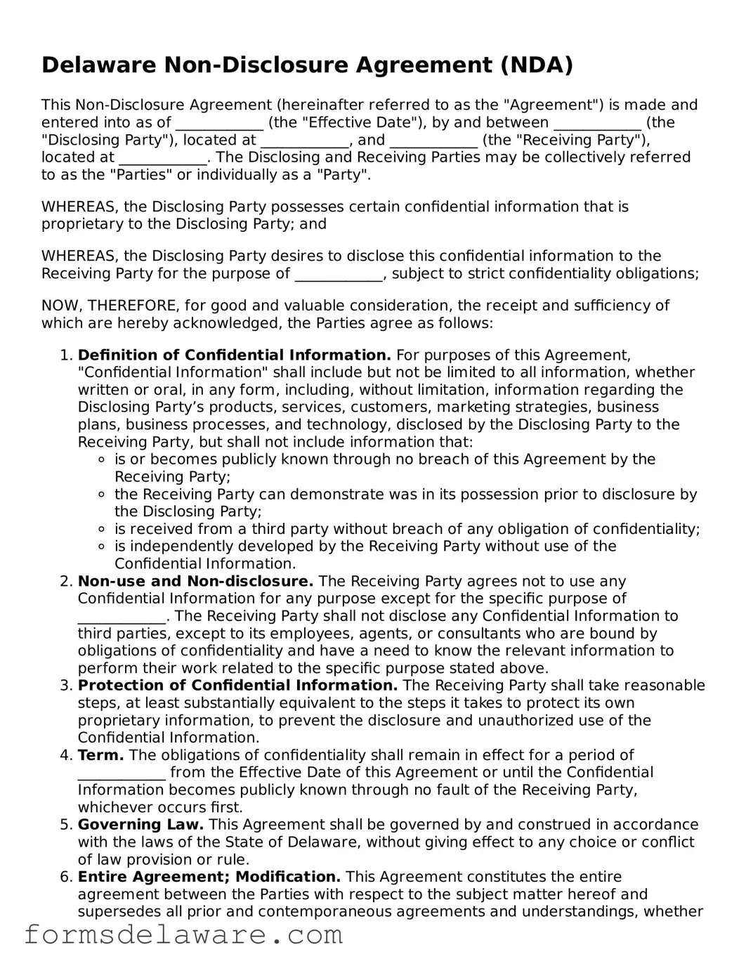 Attorney-Approved Non-disclosure Agreement Form for the State of Delaware