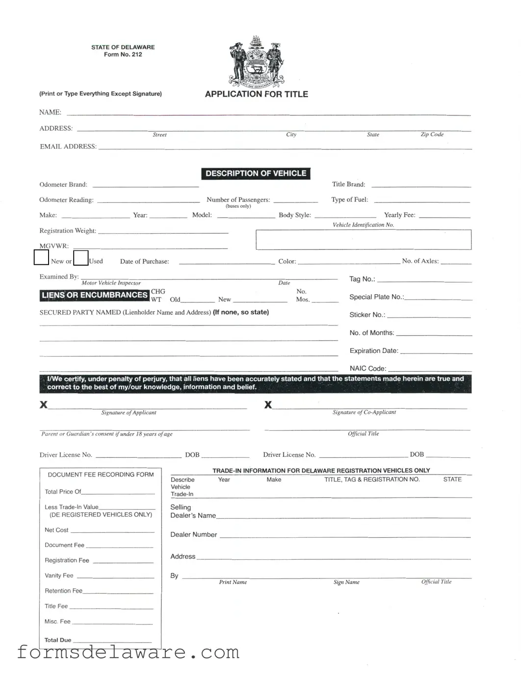 Fill a Valid Delaware No 212 Form