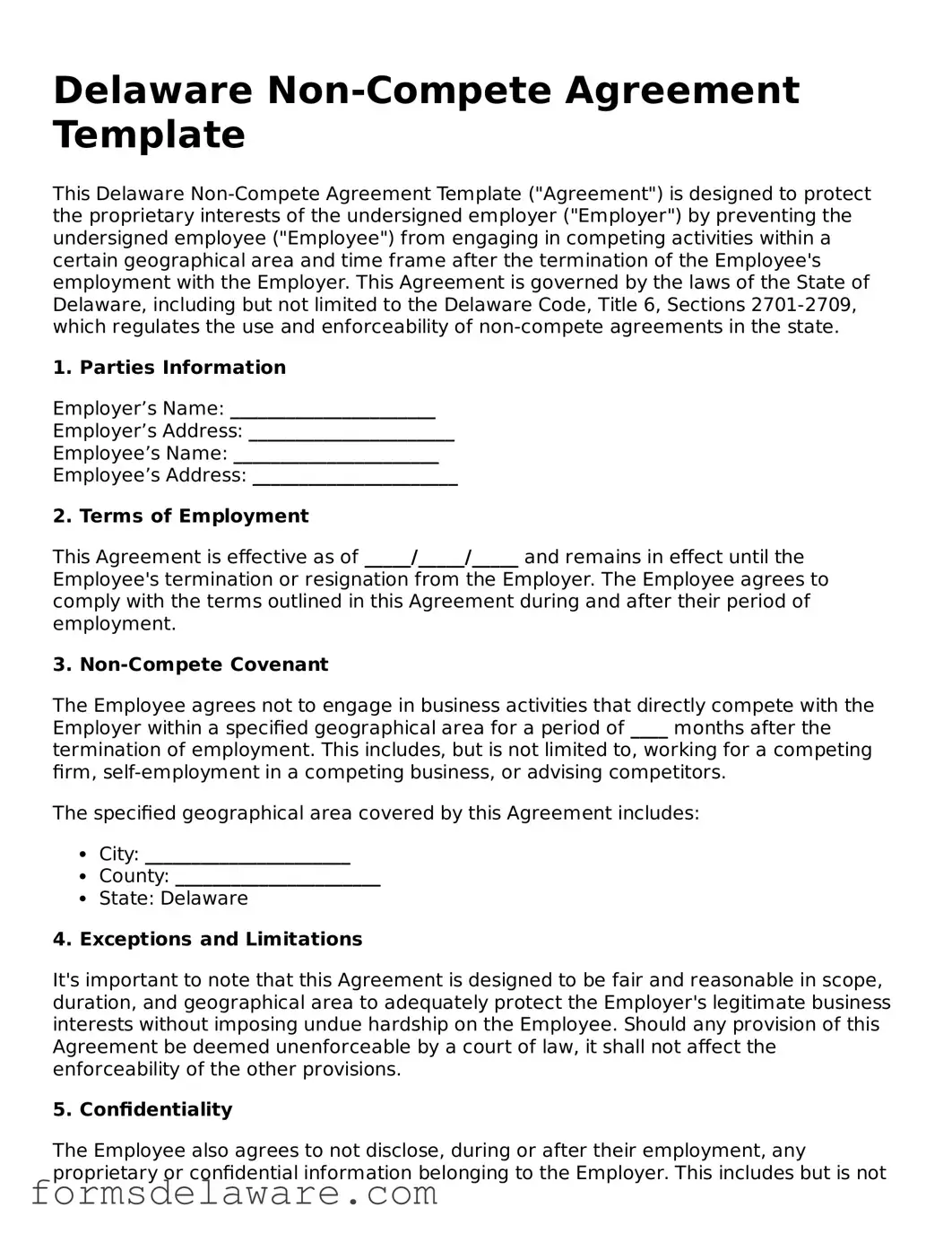 Attorney-Approved Non-compete Agreement Form for the State of Delaware