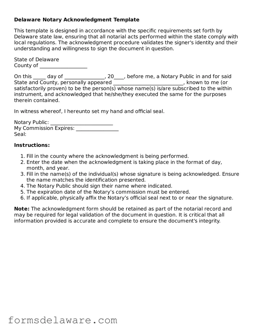 Attorney-Approved Notary Acknowledgement Form for the State of Delaware