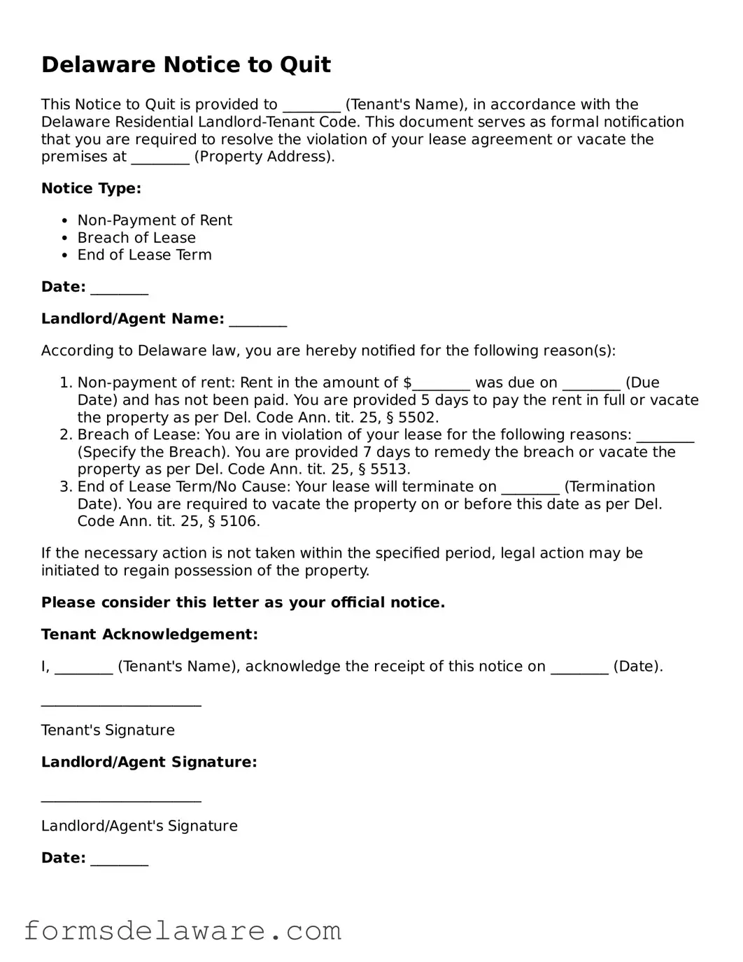 Attorney-Approved Notice to Quit Form for the State of Delaware