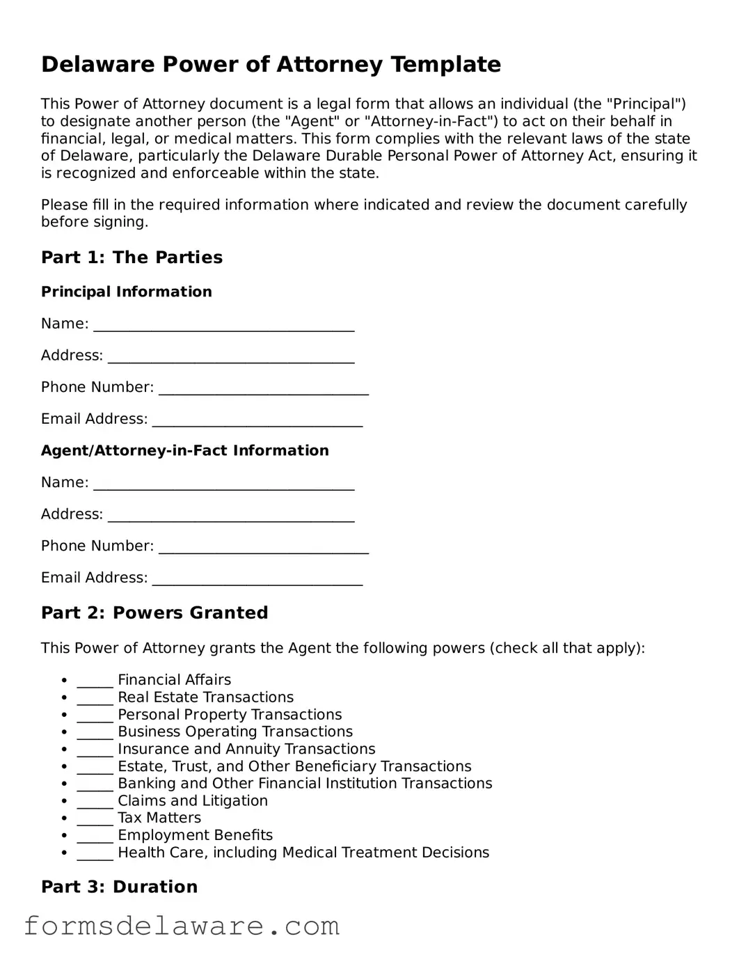 Attorney-Approved Power of Attorney Form for the State of Delaware