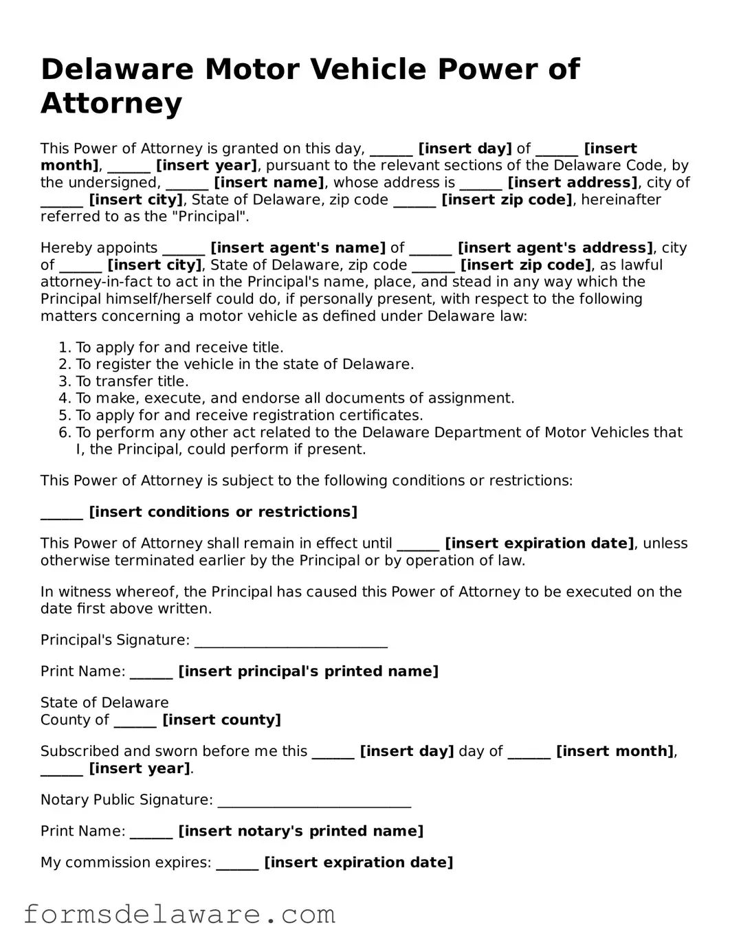 Attorney-Approved Motor Vehicle Power of Attorney Form for the State of Delaware