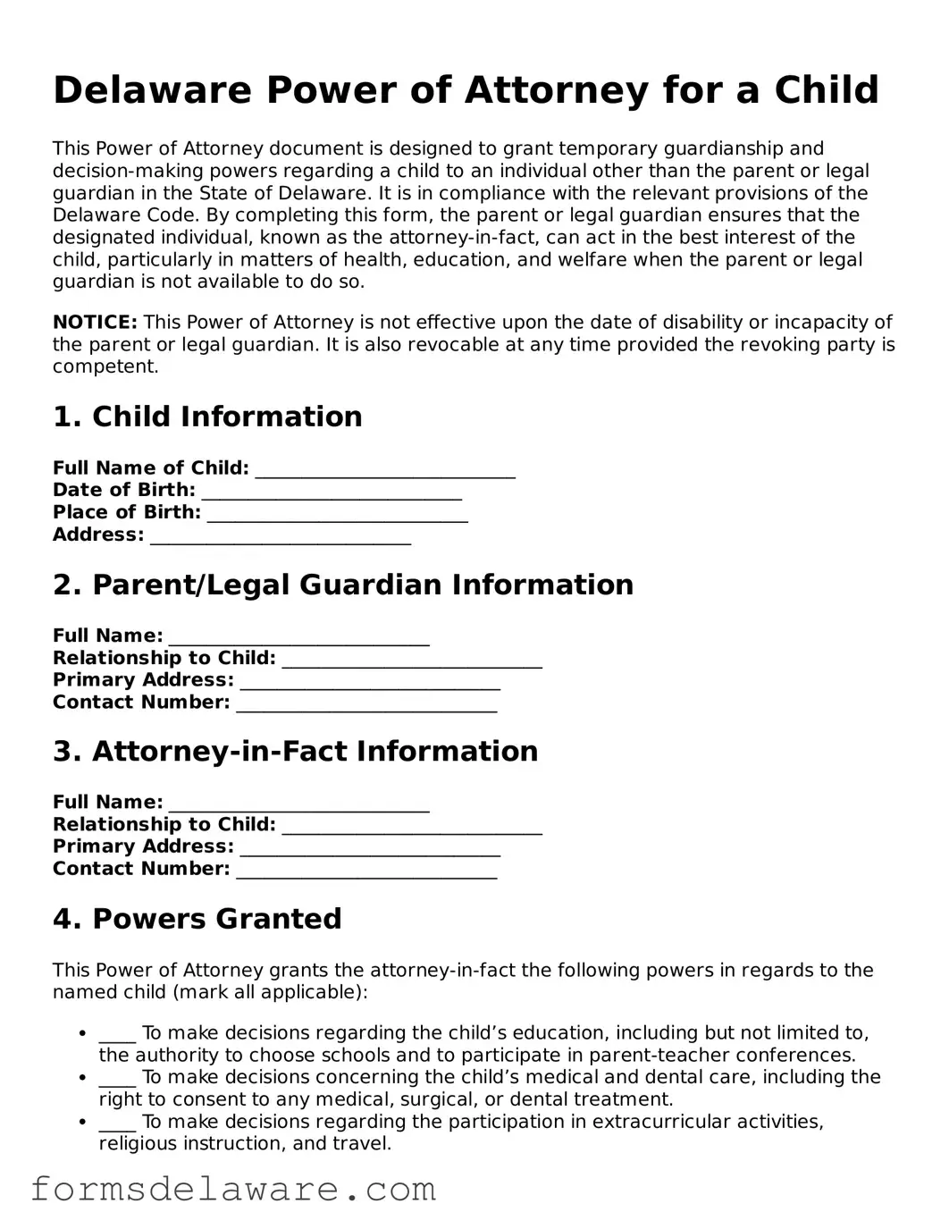 Attorney-Approved Power of Attorney for a Child Form for the State of Delaware