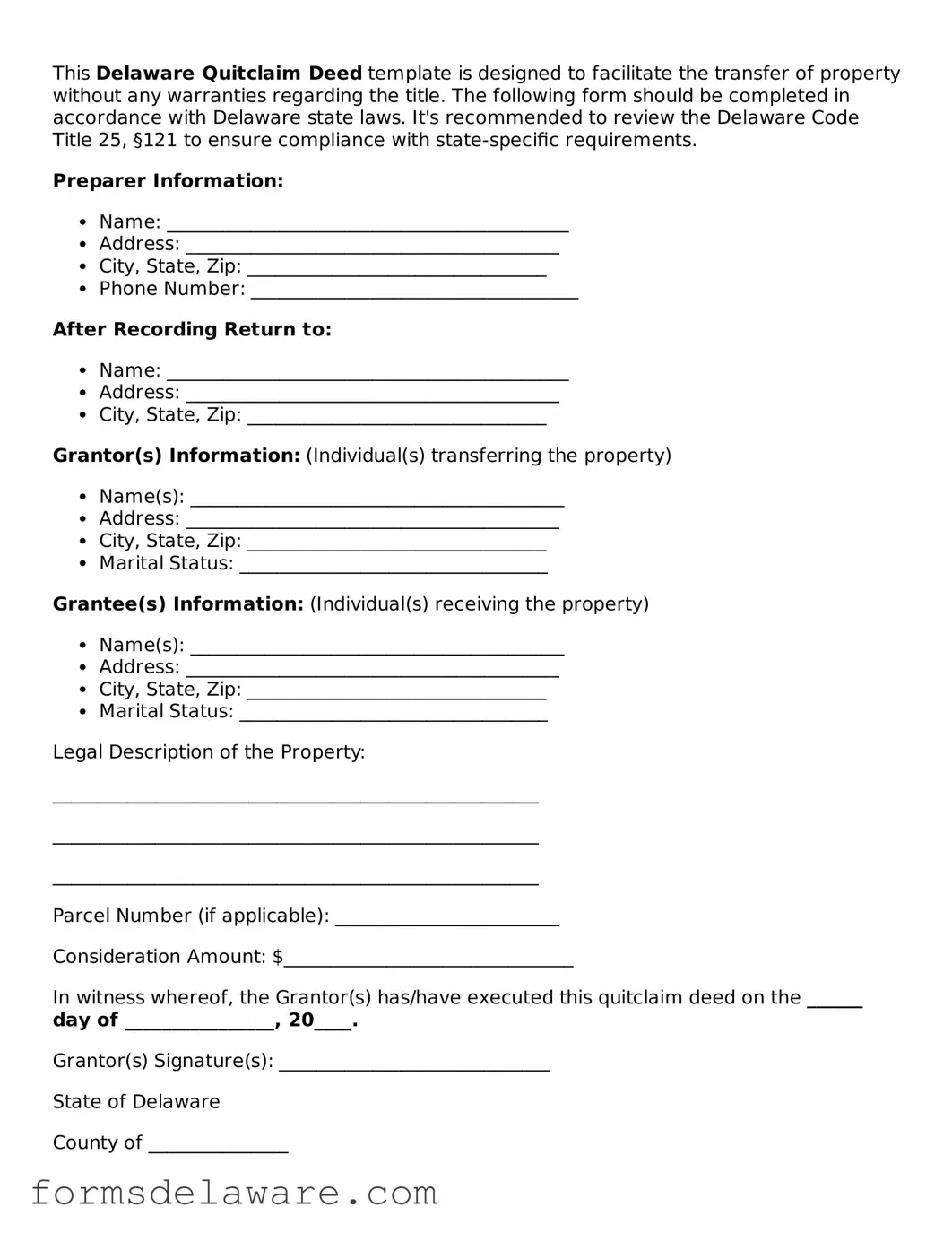Attorney-Approved Quitclaim Deed Form for the State of Delaware