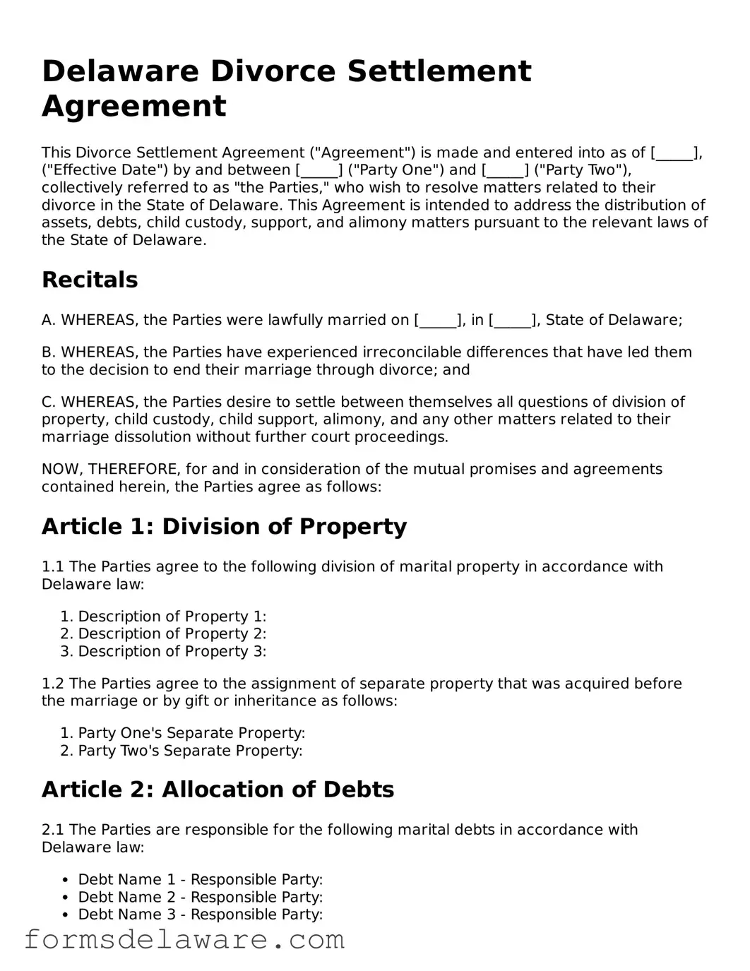 Attorney-Approved Divorce Settlement Agreement Form for the State of Delaware