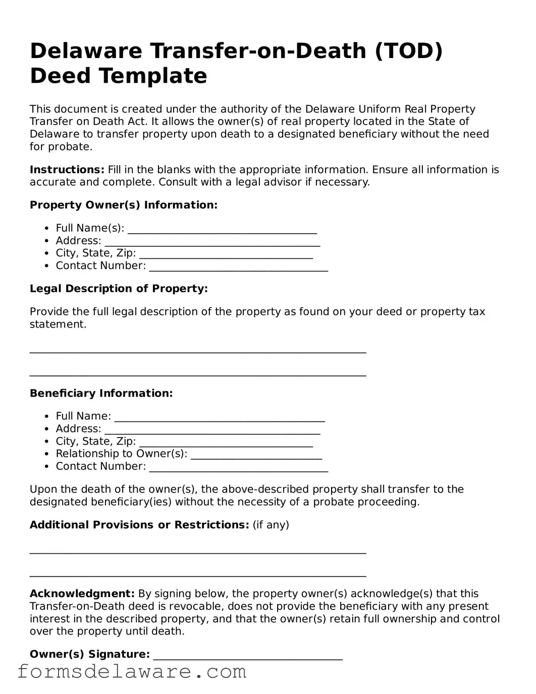 Attorney-Approved Transfer-on-Death Deed Form for the State of Delaware