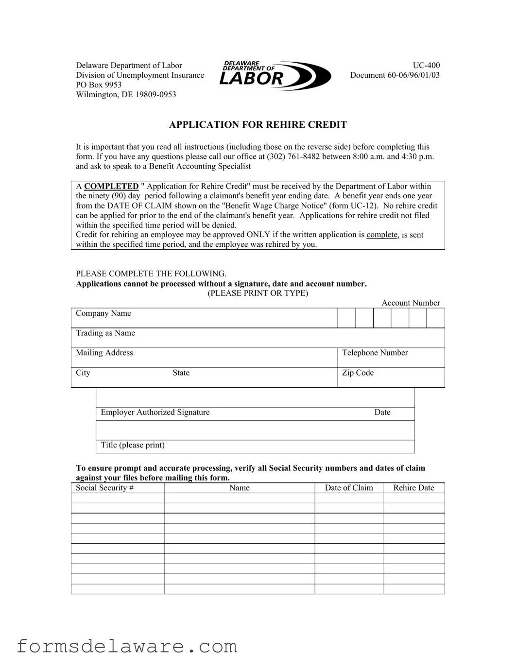 Fill a Valid Delaware Uc 400 Form