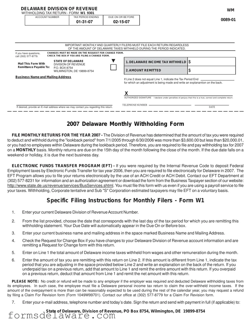 Fill a Valid Delaware W1 9301 Form