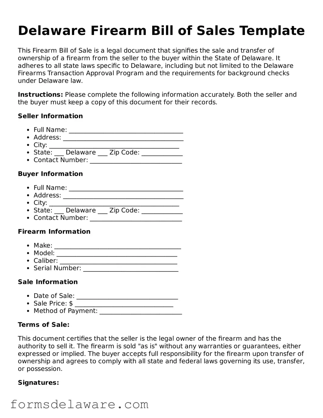 Attorney-Approved Firearm Bill of Sale Form for the State of Delaware