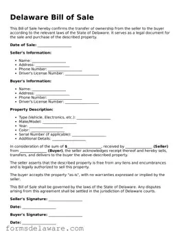 Attorney-Approved Bill of Sale Form for the State of Delaware